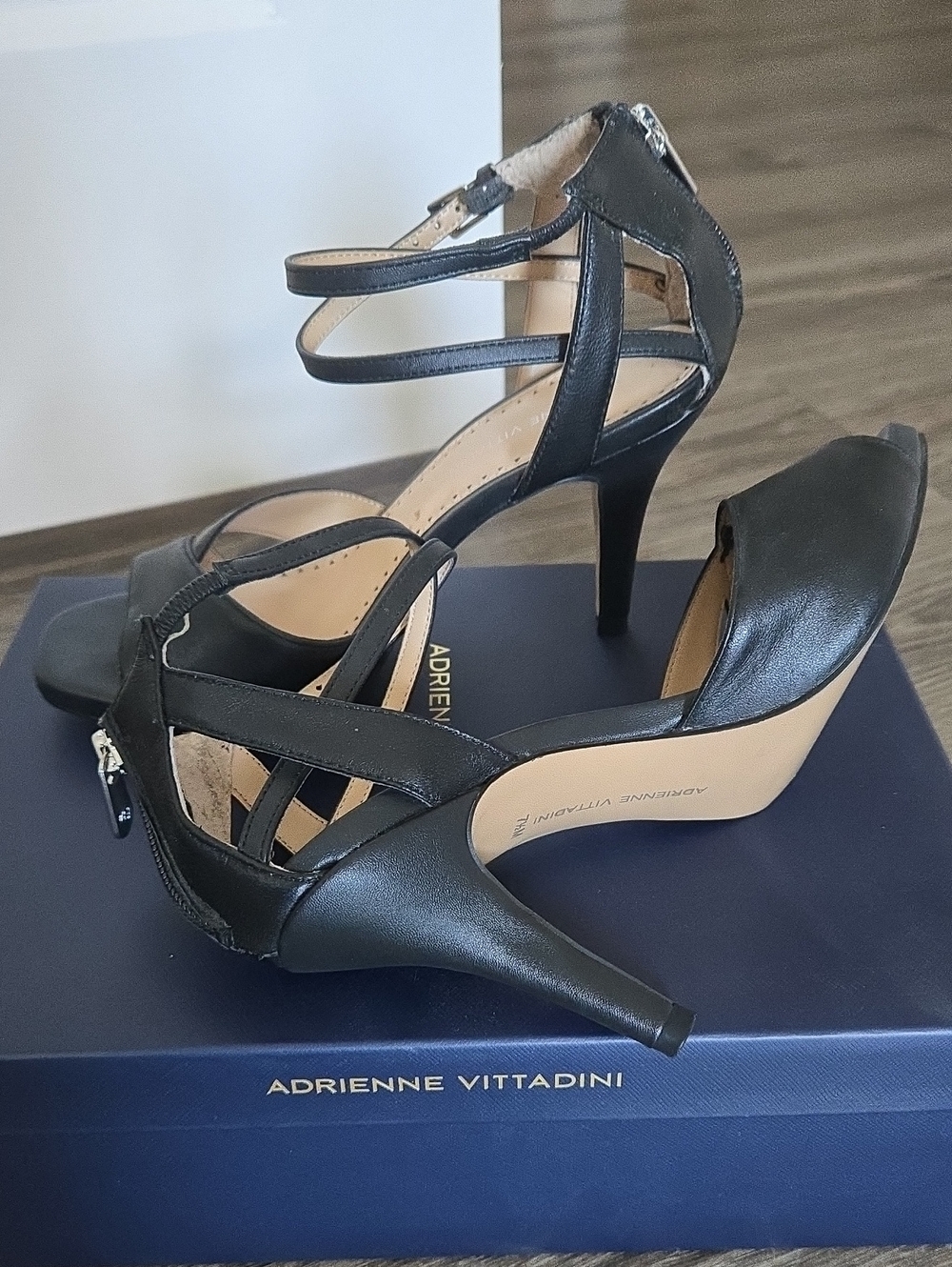 Adrienne Vittadini Black Strappy Stiletto Sandals